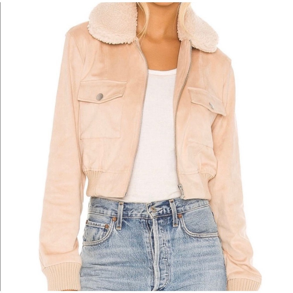 REVOLVE Majorelle Cropped Sherpa Collar Suede Bomber Jacket Sand Beige Size XXS
